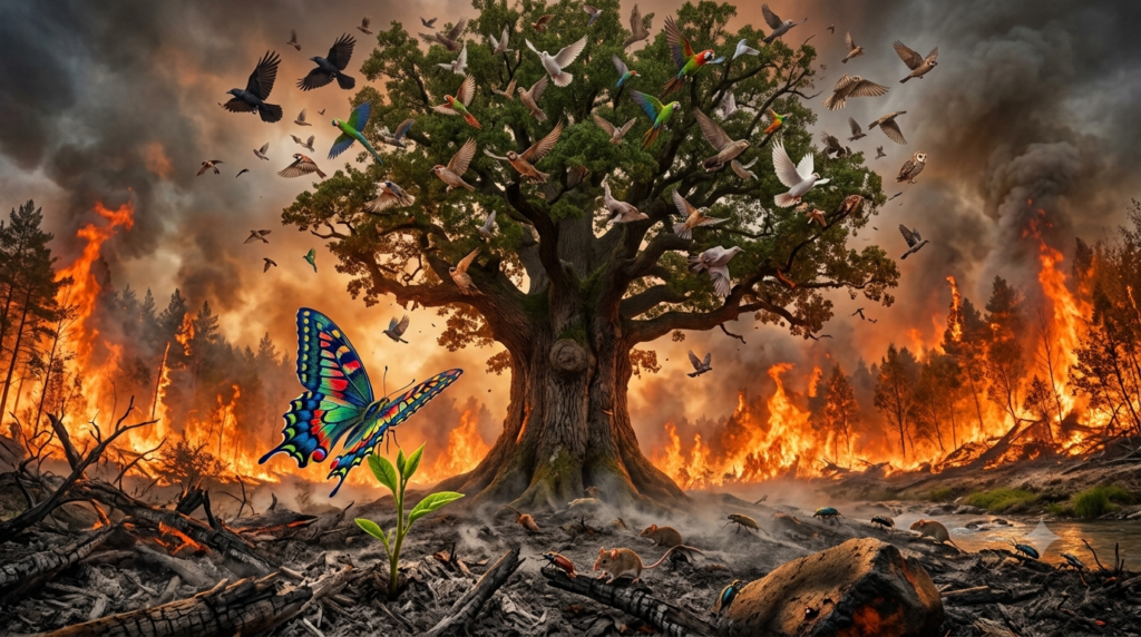 Forest fire in surrounding a big oak tree kids fiction story